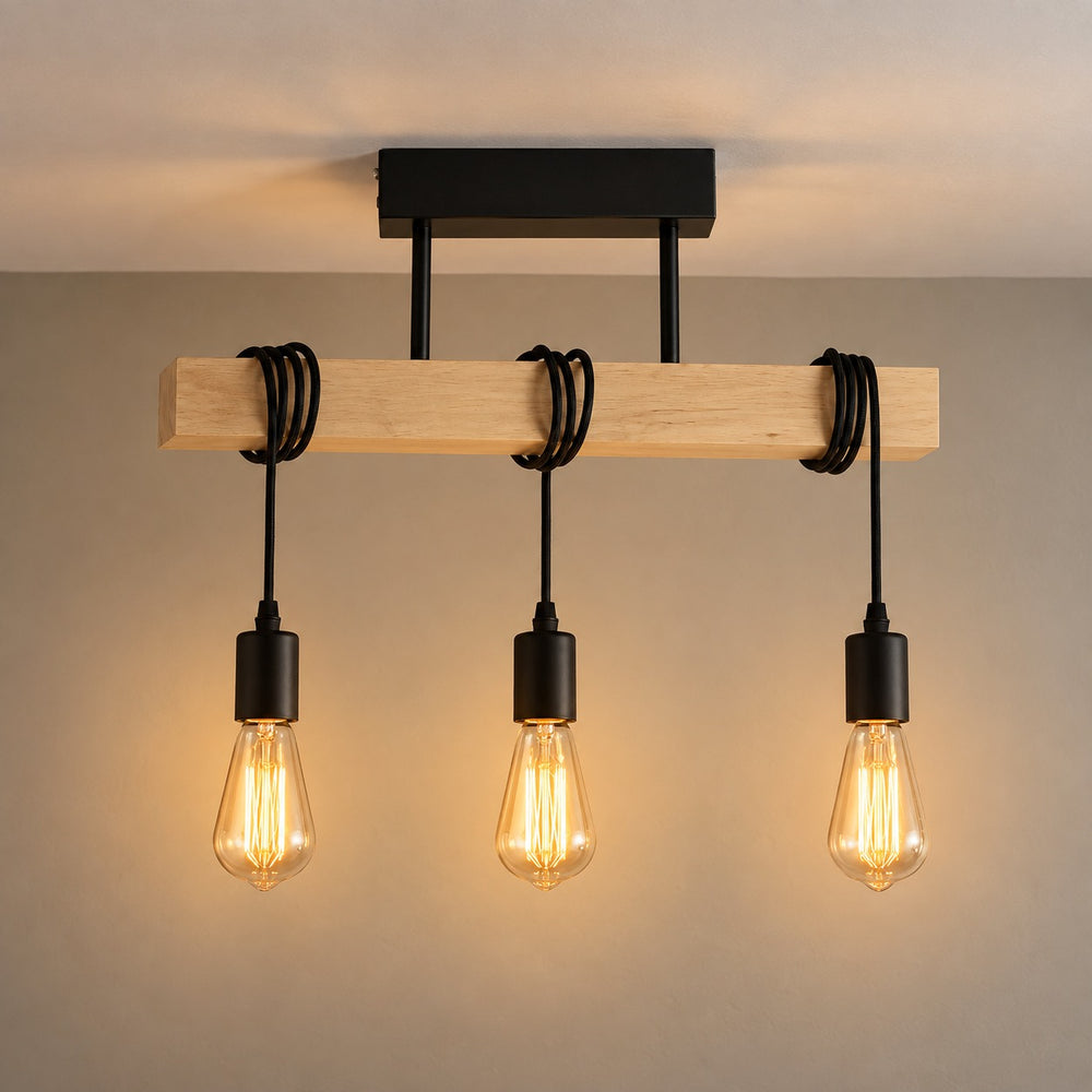 Suspension industrielle salon en bois, rectangulaire, douille E27 - suspension bois industrielle allumee vue de face