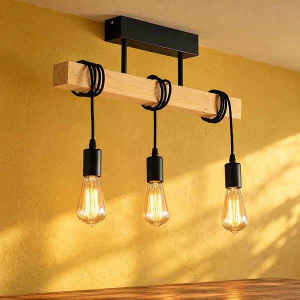 Industrielle Pendelleuchte Wohnzimmer aus Holz, rechteckig, Fassung E27