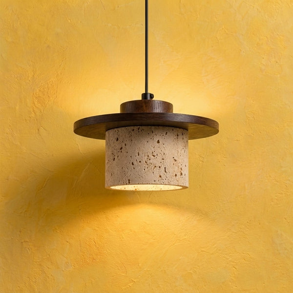 Pendelleuchte Wohnzimmer aus Travertin und Holz, Esszimmer, Ø 20 cm