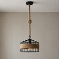 Suspension salon corde et métal noir, style industriel Ø 30 cm - suspension grange eteinte vue de face