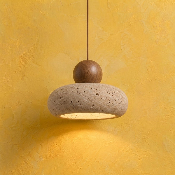 Pendelleuchte Wohnzimmer aus Travertin, japanischer Wabi-Sabi-Stil, Stein Ø 15 cm