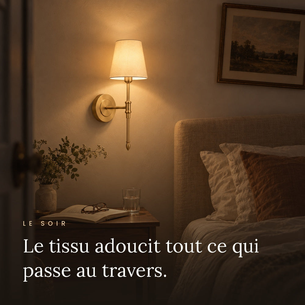 Applique murale chambre abat-jour tissu doré, style campagne - v9 le soir le tissu adoucit la lumiere